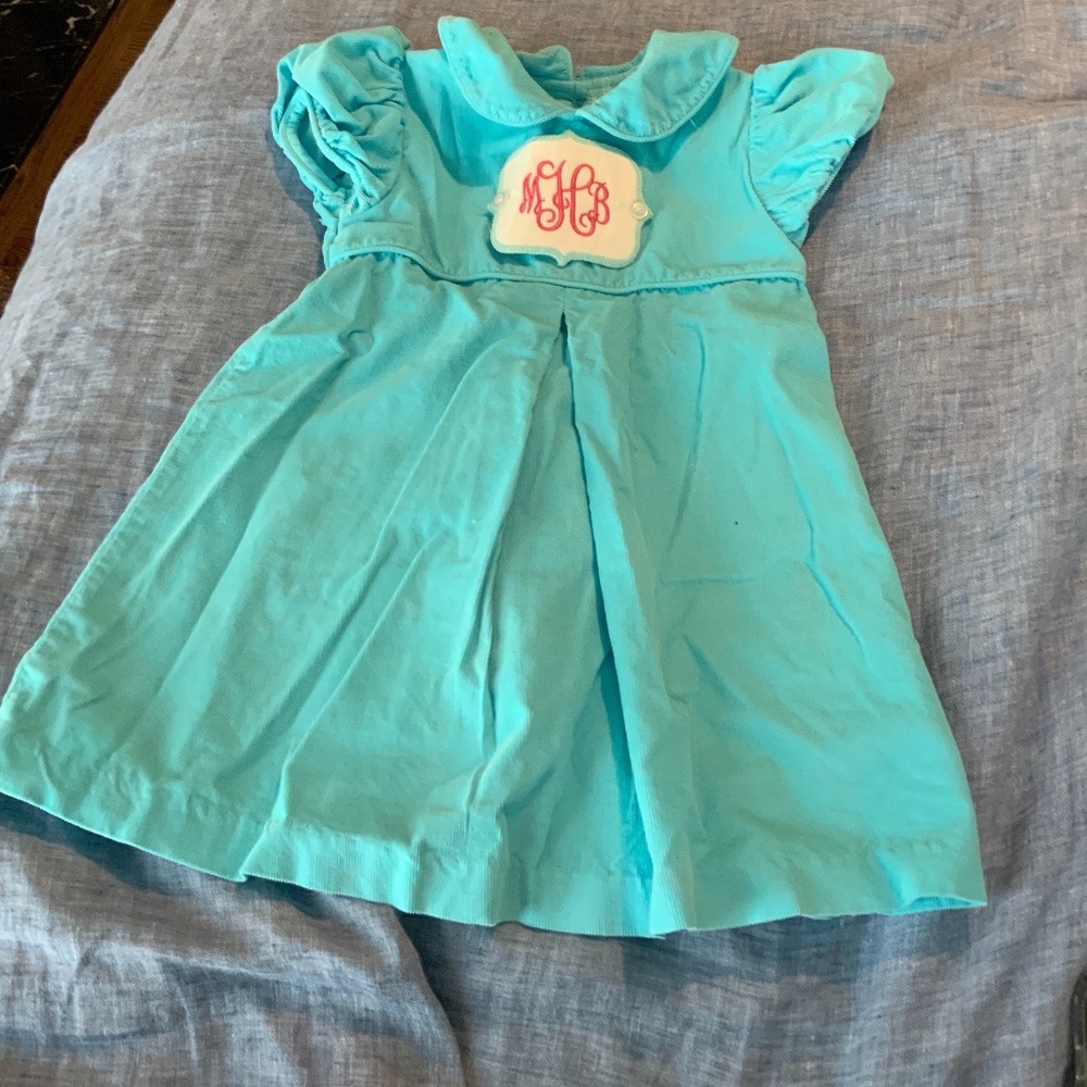 Teal corduroy dress with monogram mHb